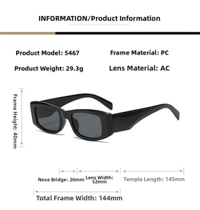 Detailed size specifications for square frame sunglasses with PC frame and AC lens data