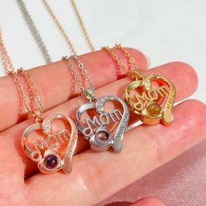 Three-tone MOM heart necklaces with I Love You projection stone and cubic zirconia