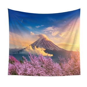 Close-up detail of Mount Fuji and pink cherry blossoms on bohemian wall tapestry