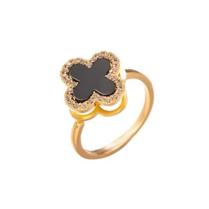 Adjustable rotating gold-plated ring with black clover and sparkling zircon halo