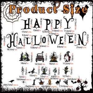 Detailed size specifications for Halloween gnome and skull magnetic decorative decals