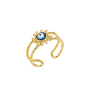 Golden sunburst open ring featuring blue enamel evil eye and twisted woven band design