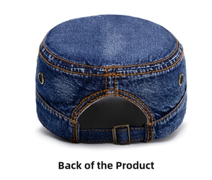 Rear view of washed denim military cap with metal buckle and orange contrast stitching