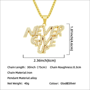 Men's hip hop Never Give Up letter pendant necklace with gold plated rhinestones