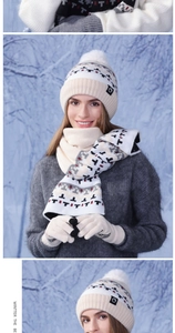 Detailed view of women's knitted 3-piece winter set with geometric pattern and white pompom