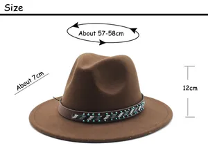 Size chart for brown wool fedora hat with head circumference and brim width details