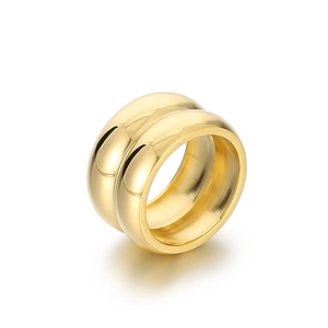 Polished gold double-layer stainless steel wide ring shown at a 45-degree angle