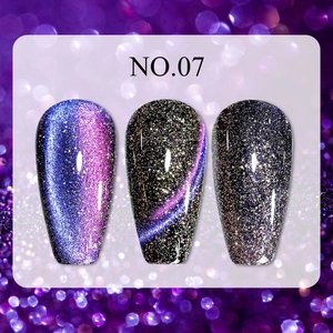 Detailed view of three cat eye nail polish swatches in purple and black gold glitter