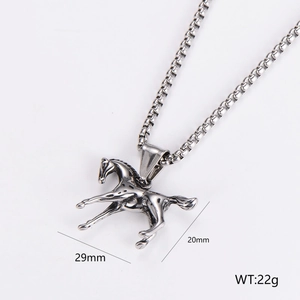 Detail view of horse pendant necklace showing 29mm by 20mm size and 22g weight specs