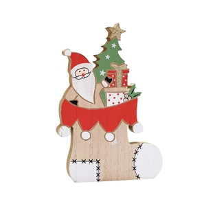 Handcrafted wooden Santa Claus and Christmas tree ornaments for festive tabletop decoration
