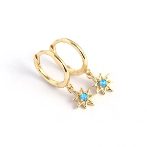 Elegant S925 silver gold star hoop earrings with vibrant blue opal starburst charms