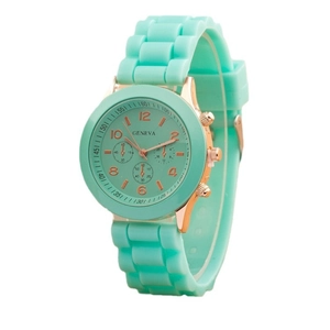 Mint green silicone Geneva watch with rose gold metal case and three sub-dials on white background