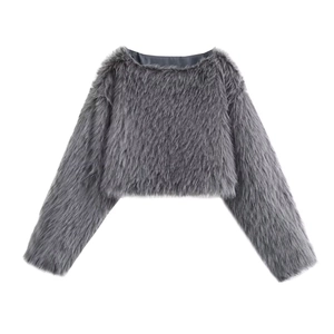 Detailed view of the soft grey long-pile faux fur texture on a cropped long-sleeve top