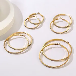 Boucles D'oreilles Créoles Acier Inoxydable Strass Incrusté Géométrique Rond Mode Tendance Exagéré Bijoux Pour Femmes