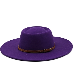 Solid purple wool felt boater hat with 9.5cm wide brim and brown leather buckle strap