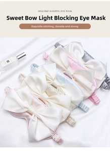 Close-up of four satin bow sleep masks in pink, blue, beige and grey colors