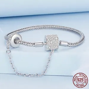 Classic 925 sterling silver snake bone bracelet with safety chain and zircon details