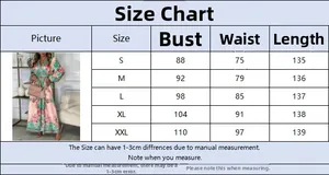 Size chart for floral V-neck maxi dress with bust, waist, and length measurements in cm
