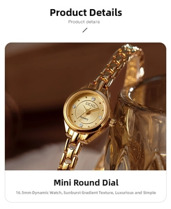 Detailed macro view of a 16.5mm mini round champagne gold sunray dial ladies quartz watch