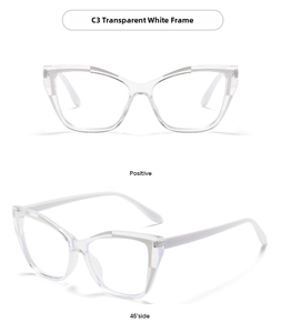 Detail view of transparent white cat-eye eyeglass frames from front and side angles