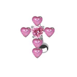 Pink heart-shaped gem cross belly button ring with glitter accents on white background