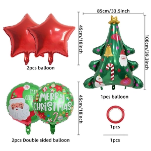 Christmas balloon set details showing 100cm tree, 45cm stars and Merry Christmas motifs