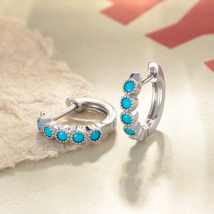 French Vintage Huggie Earrings Copper Inlaid Blue Zircon Round Stone Delicate Jewelry For Women Girls