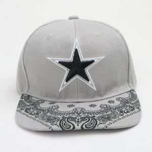 Detailed embroidery of a black star and paisley pattern on a grey flat brim hip hop cap