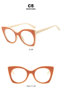 Detailed front and side views of orange and cream cat-eye glasses with anti-blue light lenses