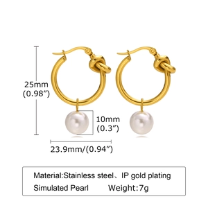 Detailed dimensions of gold stainless steel knot earrings with a 10mm round pearl drop
