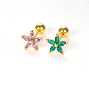 Elegant 925 silver flower stud earrings with purple and green marquise cubic zirconia