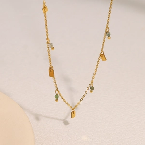 Bohemian gold chain necklace with colorful natural stone beads and square pendants