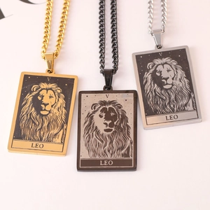 Detailed view of Leo zodiac tarot necklaces in gold, black, and silver finishes