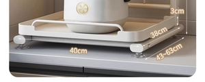 Detail view of pull-out kitchen appliance rack showing dimensions and sliding tray base