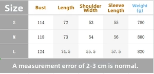 Detailed size chart for wool coat showing chest, length, shoulder, and sleeve measurements
