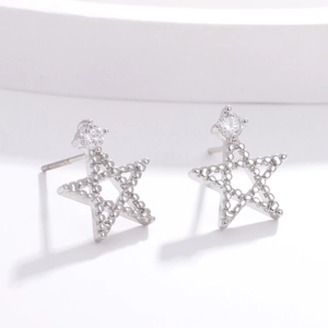 Minimalist silver pentagram earrings with cubic zirconia inlay on a clean geometric base