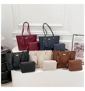 Detailed set of 3 textured PU leather bags including large tote and small pouches