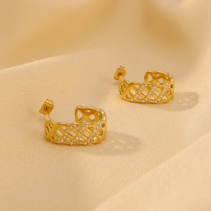 Titanium steel gold hoop earrings with hollow lattice pattern and crystal inlay