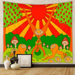 Detail of bohemian tapestry featuring psychedelic figures and vibrant sunflower patterns
