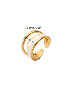 Detail view of a 12.8mm opening double-layer 18k gold-plated ring with white enamel