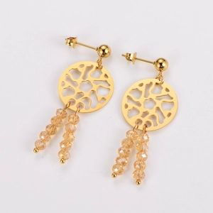 Detail view of gold hollow earrings with champagne crystal beads on white background