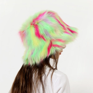 Close-up of colorful faux fur bucket hat with neon patchwork and plush texture