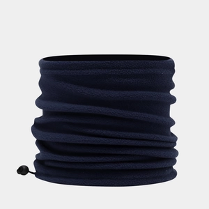 Detail of dark blue fleece neck warmer with adjustable black drawstring and toggle