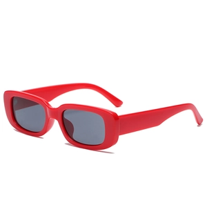 Retro small rectangular sunglasses for women with vibrant red frame and dark lenses