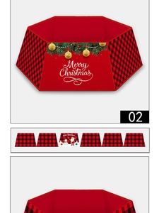 Detail of red and black buffalo plaid Christmas tree collar with Merry Christmas print
