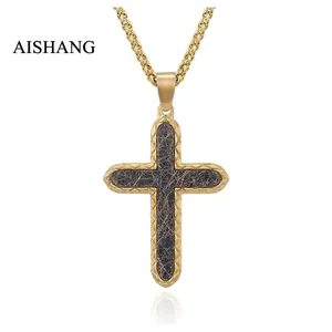 Two-tone stainless steel cross necklace with black textured inlay and wheat chain style