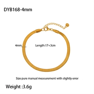 Flat lay of a 4mm gold-plated stainless steel snake chain bracelet with length specs