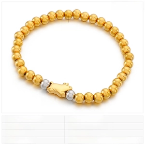 Detail of 6mm stainless steel beaded bracelet featuring a gold pig charm and elastic cord