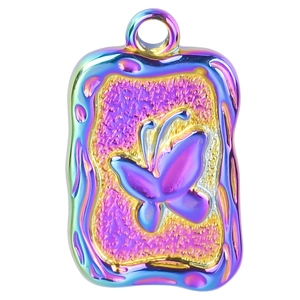 Rainbow plated stainless steel butterfly pendant necklace with elegant wave border design