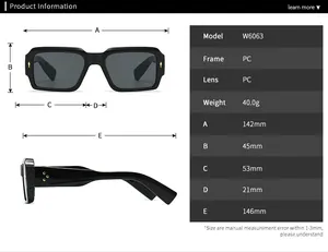 Detailed size chart for square frame sunglasses showing frame and lens dimensions